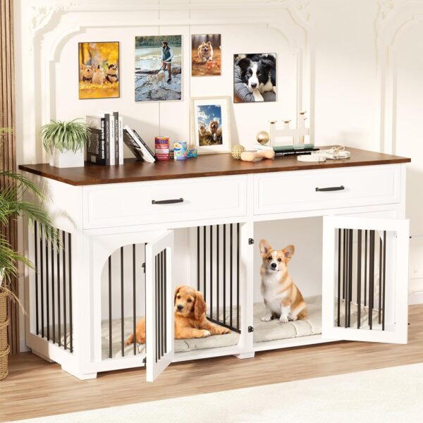 EBE Dog Crate Furniture, 63''Wooden Dog Kennel with 2 Drawers and Removable Divider, Heavy Duty Dog Crate Indoor Furniture with Double Rooms, Dog Crate Table Indoor TV Stand for Small Medium Dog - Image 8