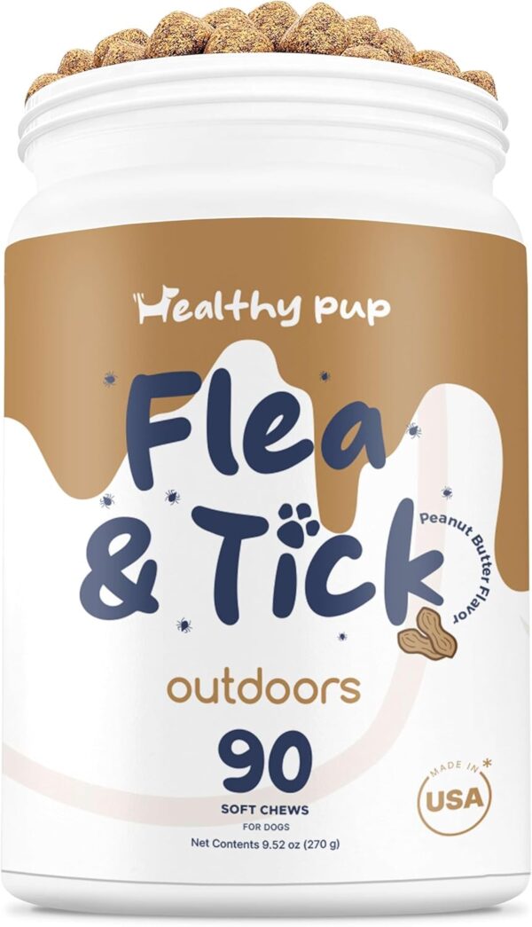 Flea and Tick Prevention for Dogs, Chewable – 90 Peanut Butter Flavored Soft Chews – Made with B Vitamins, Garlic Powder, Brewers Yeast, Coconut Oil, and Apple Cider Vinegar