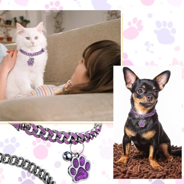 Hillban Cat Collar Diamond Chain Glitter Collar Walking Metal with Secure Buckle Cat Pet Necklace with Paw Charm Link Jewelry Accessories with ID Tag Bell for Small Cat (Steel Black, Purple,8 Inch) - Image 5