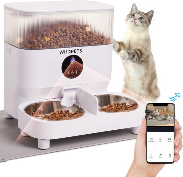 Automatic Cat Feeders, WHDPETS 5G WiFi Cat Food Dispenser with 1080P Camera for 2 Cats & Dogs, 5L Pet Feeder with Feeding Mat, APP Control, 2-Way Audio,Dual Power Supply