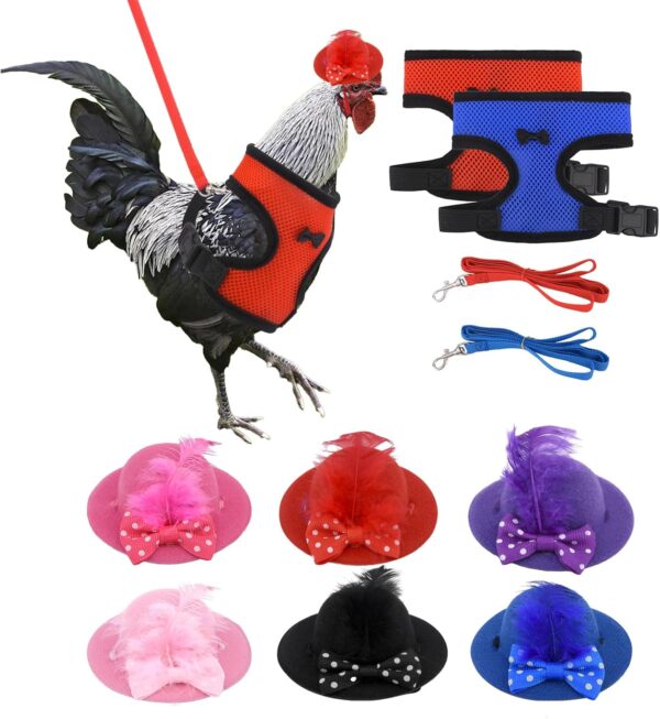 Chicken Leash and Harness Set, 8Pcs Chicken Harness and Leash for Hens, with Chicken Hat, Breathable Comfortable, Adjustable Chest