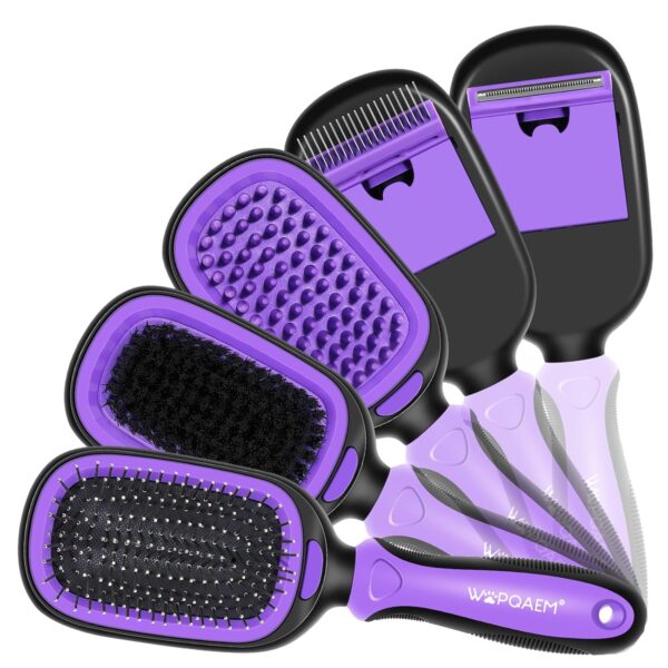 5 in 1 Pet Grooming Kit for Long Short Haired Dogs & Cats. Dog Brush Set for Small & Large Breeds. Gentle Detangling, Smoothing, Relaxation, Tangle Removal & Shedding Control. Purple