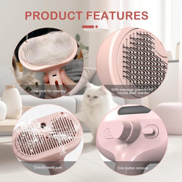 Steamy Cat Brush, Cat Steam Brush for Shedding, Spray Groom Cat Brush with Release Button, Self Cleaning Deshedding Combs for Short Long Matted Hair Pet Dog Removing Tangled and Loosse Hair (Pink) - Image 4