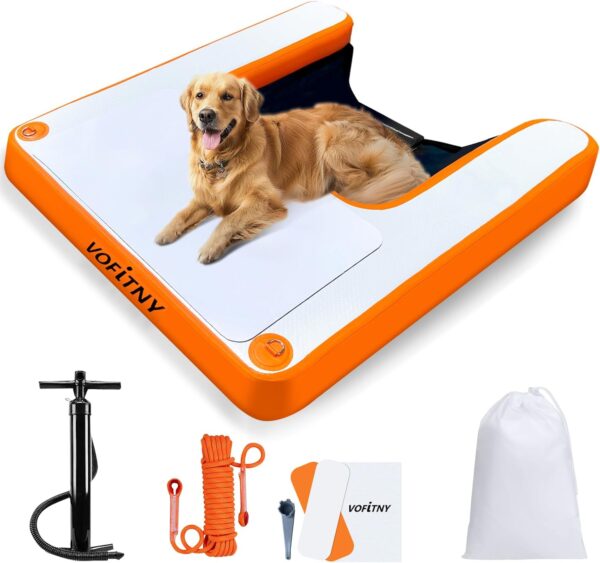 Inflatable Dog Pool Ramp Portable Floating Ladder for Dogs, Puppy Docks, and Water Plank for Inground Pools and Lakes (4.6ft x 3.3ft x 4in, Orange)