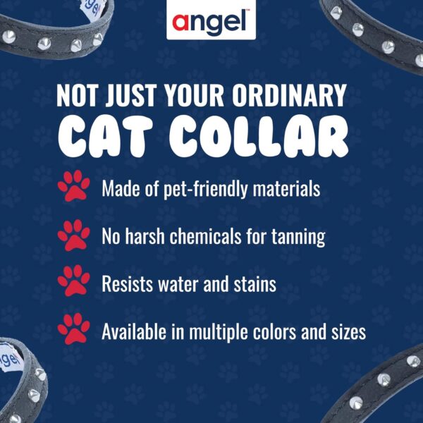 Studded Cat Collar, Genuine Leather Kitten Collar, Sturdy Breakaway Cat Collar, Water-Resistant Cat Collar with Bell & Elastic Stretch, Midnight Black, 10 x 1/2 inches - Angel Pet Supplies - Image 6