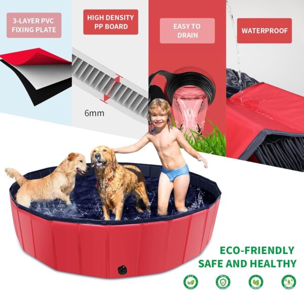 Foldable Dog Pool, 79" x 14" Large Kiddie Pool with Hard Plastic, Non-Slip Dog Bath Tub for Outdoor Backyard, Collapsible Dog Swimming Pool for Kids Dogs Pets (Red) - Image 6