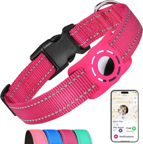 Airtag Dog Collar for Small Dogs, Reflective Dog Collars with Silicone AirTag Holder, Nylon Adjustable Dog Collars for Medium Large Dogs, HotPink