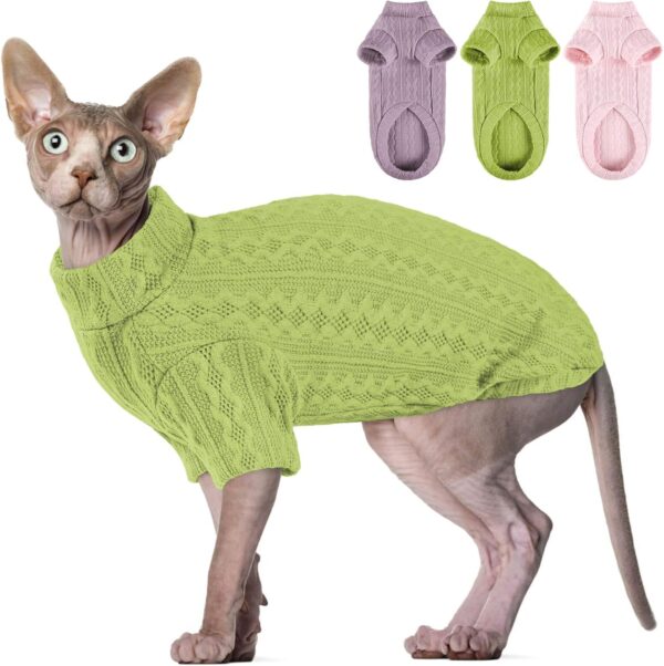 SUNFURA Cat Sweaters for Cats Only, Turtleneck Cat Sweater Pullover with Sleeves, Sphynx Hairless Cats Shirt Breathable Kitten Clothes, Cat Pajamas Jumpsuit for Cats Small Dogs, Green L