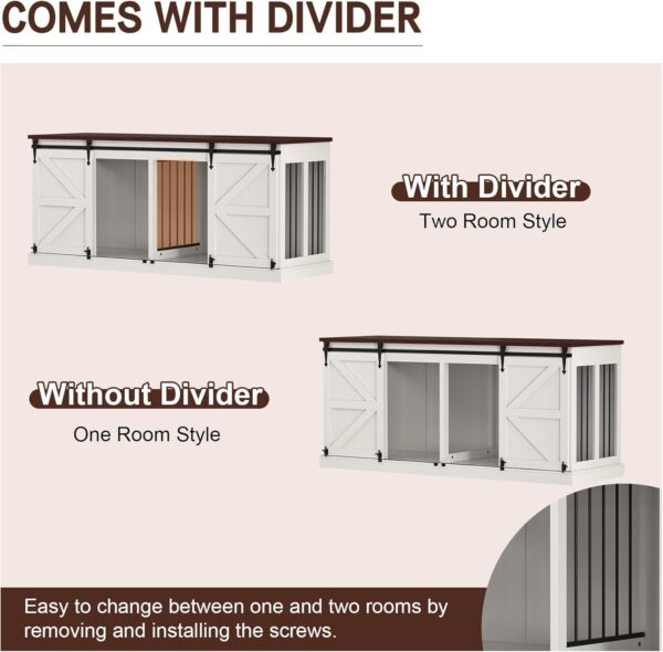 Dog Crate Furniture - Indoor Wooden Dog Kennel with Room Divider and Double Sliding Barn Doors - 71"x23.6"x31.5"H, White - Image 4