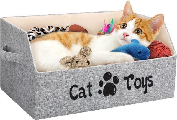 Large Cat Toy Box Cat Toy Storage Basket 2X Thicker Foldable Sturdy Pet Toy Storage Bin Bed for Organizing Pet Toys Treats Clothes and Accessories(Grey)