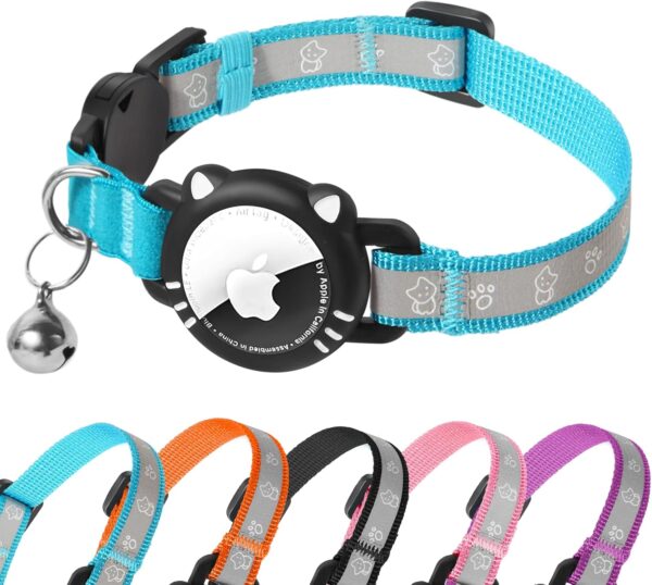 Airtag Cat Collar, Reflective Cat Collar with Apple Air Tag Holder, Breakaway GPS Tracker Pet Collar with Bell for Cat Kitten, Airtag Not Included, Blue, XS(7-9 Inch)