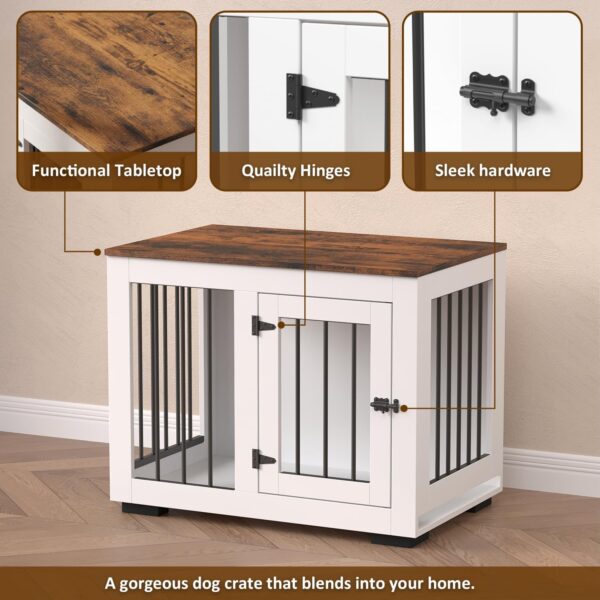 White Dog Crate Furniture for Medium Dogs Up to 40 lbs. - Decorative Puppy Kennel w/Wide Farmhouse Table Top & Steel Bars - 30'' Wide - Modern Dog Crate Table, End Table, Nightstand - Image 5