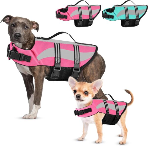 Dog Life Jacket with Reflective Stripes, Adjustable High Visibility Dog Life Vest for Boating, Ripstop Dog Swimming Vest with High Flotation for Small Medium and Large Dogs,Pink,M…