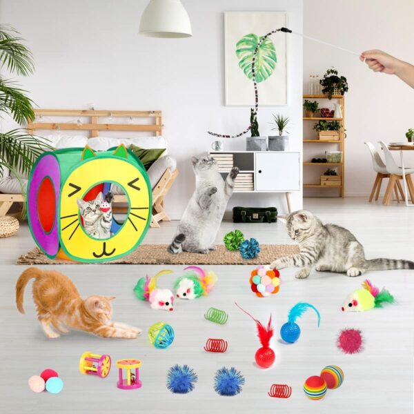 37 PCS Cat Toys, Interactive Kitten Toys for Indoor Kitty, Variety Catnip Toy Set Including Collapsible Cat Tunnel Tube Tent, Cat Feather Teaser Wand, Cat Bell, Fuzzy Ball, Spring, Mouse Toy - Image 4