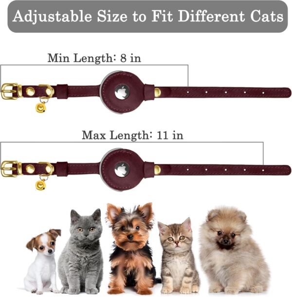 Reflective Leather AirTag Cat Collar with Bell - Non Breakaway Adjustable Pet Collar with Apple Air Tag Holder - Lightweight GPS Kitten Collars for Small Dogs Puppy (Burgundy) - Image 3