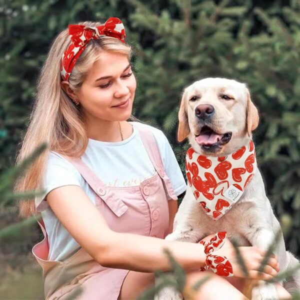 E-Clover Mothers Day Dog Bandana & Matching Scrunchie Set Girl Heart Dog Scarf Bibs with Hair Tie Headbands for Small Puppy Dogs Owner Mom Gift Outfit Red - Image 3