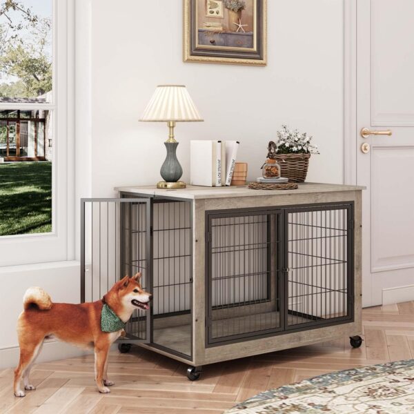 IchbinGo Dog Crate Furniture, Wooden Table, 38.5" Dog Kennel with 3 Doors, Flip-up Top Opening and Wheels, Decorative Pet Crate House for Large/Medium/Small Dog Indoor Use (Rustic Grey) - Image 3