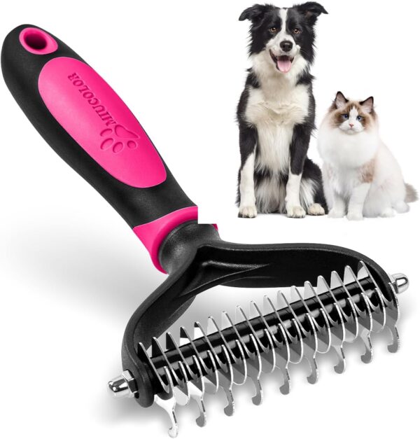 MIU COLOR Pet Grooming Brush, 2 Sided Undercoat Rake for Dogs & Cats, Professional Deshedding Brush and Dematting Tool, Effective Removing Knots, Mats, Tangles for Cats, Dogs, Extra Wide (Pink)