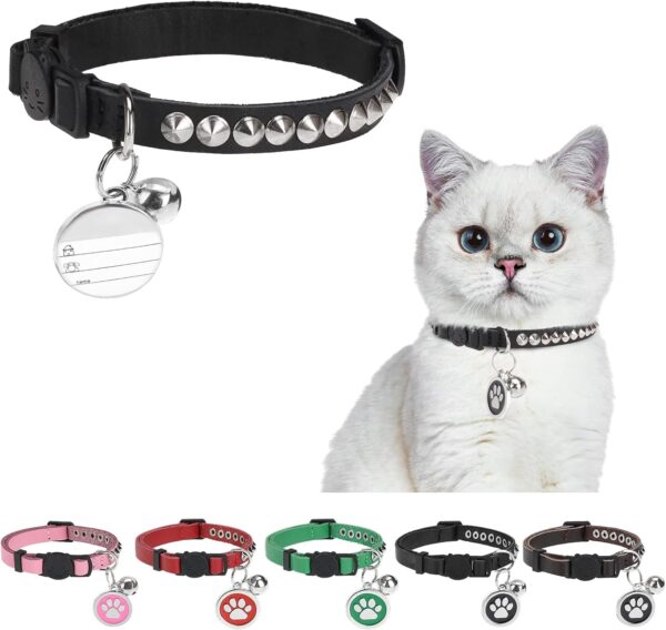 Leather Personalized Breakaway Cat Collar with Studded Bell and Safety Quick Release Buckle - Rivets Studded ID DIY Collars for Boy Girl Cats Kittens, 9" - 11.5" Black