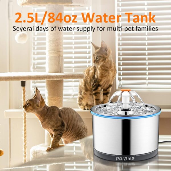 Cat Water Fountain Stainless Steel, Ultra-Quiet Cat Fountains for Drinking, Metal Cat Fountain Pet Water Fountain for Cats Inside, 84oz/2.5L with Three Water Flow for Cats, Dogs - Image 4