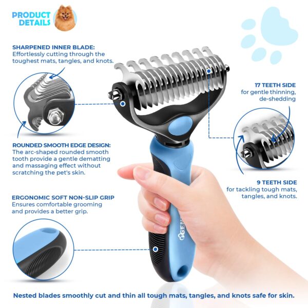 Undercoat Rake for Dogs & Cats, Dematting Comb with Extra Wide Double-Sided Stainless Steel Teeth for Detangling, Deshedding, Brushing, Thinning & Removing Shed Fur, Knots, Mats, and Tangles in Pets - Image 2