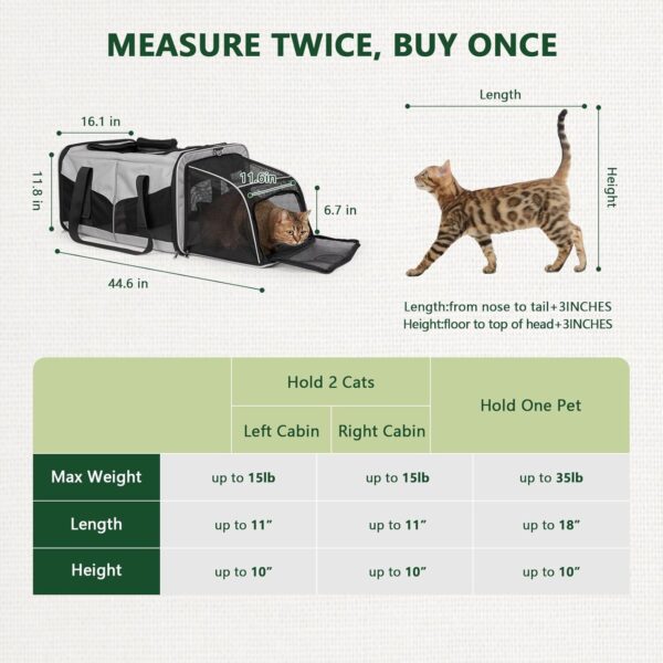 Cat Travel Carrier with Litter Boxes for 2 Cats, Double-Compartment Soft Pet Carrier, Expandable Portable Cat Carrier for Car Travel, up to 35 lb Road Trip, Camping, Hiking, Grey - Image 3