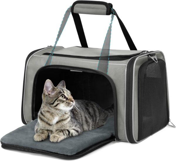 WOYYHO 20lbs 1680D Oxford Pet Cat Carrier Airline Approved Breathable Mesh Dog Travel Soft Sided Carrier for Small Medium Cat Dog Collapsible Tear Resistant Carrier for 2 Small Cats, Grey - Image 8