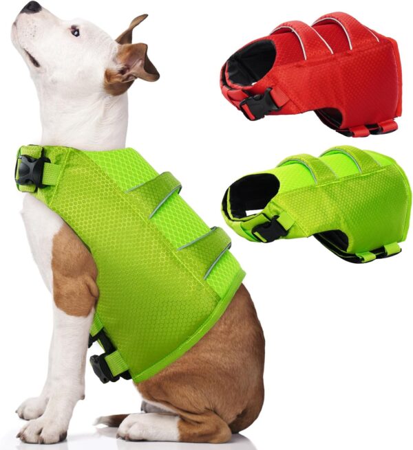 DENTRUN High Visibility Dog Life Jacket, Dog Life Vest for Swimming Boating Puppy Life Preserver Floatation Safety Pool Lake Reflective Float Coat Wetsuit & Rescue Handle for Small Dog, Green