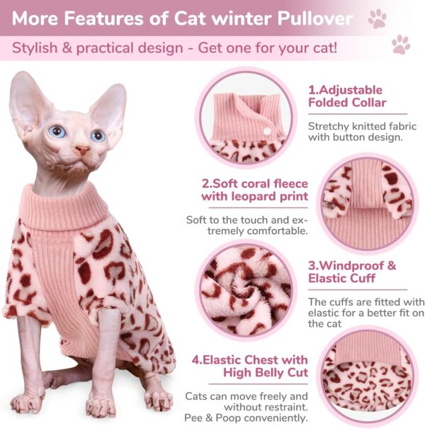 SUNFURA Leopard Print Sphynx Cat Sweater, Turtleneck Cat Sweaters for Cats Only, Kitten Winter Coat Fleece Pullover with Sleeves for Hairless Cats, Soft Stretchy Cat Pajamas Clothes, Pink M - Image 3