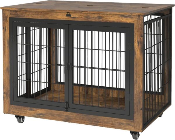 Dog Crate Furniture with Flip-Top, 38 Inch Double Doors Heavy Duty Dog Kennel Indoor with 360° Wheels End Table，Decorative Pet Cage Wooden Dog House for Large/Medium/Small Dog - Image 3