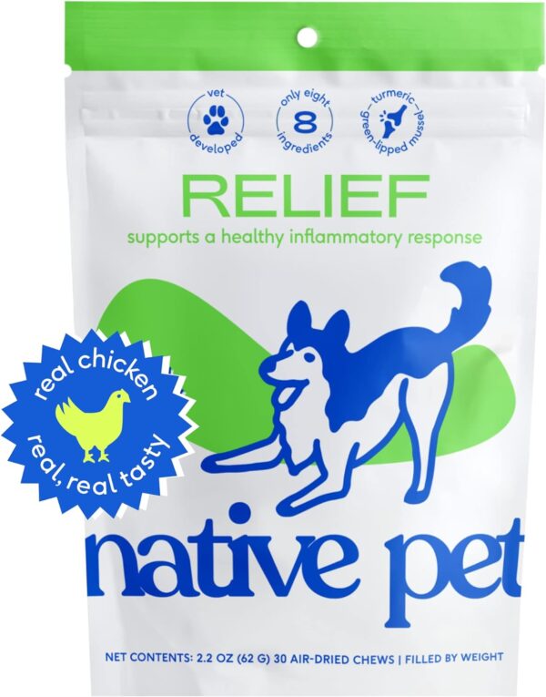 Native Pet Relief Chews - Anti Inflammatory for Dogs - Turmeric + Polyphenols + Green Lipped Mussels for Dogs - Natural Relief for Dogs - Dog Arthritis Supplement & Dog Joint Pain Relief - 30 Chews