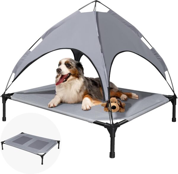 Elevated Dog Bed with Canopy - Oxford Fabric Pet Bed with Iron Frame, Portable & Easy Assemble, Sunshade, 42x30x35 Inch, Grey