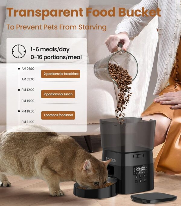 ROJECO Automatic Cat Feeders,8cup/68oz Automatic Cat Food Dispenser,Program 1-6 Meals Control,2L Auto Timed Cat Feeder for Dry Food,Cats&Puppy Dogs Pet Feeder,Support Dual Power Supply - Image 4