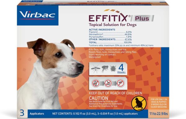 Effitix Plus Topical Solution for Dogs - Flea and Tick for Small Dogs (11-22.9lbs), 3 Doses, Waterproof Topical Prevention (by Virbac)