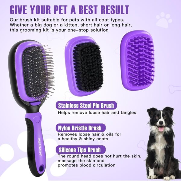 5 in 1 Pet Grooming Kit for Long Short Haired Dogs & Cats. Dog Brush Set for Small & Large Breeds. Gentle Detangling, Smoothing, Relaxation, Tangle Removal & Shedding Control. Purple - Image 3