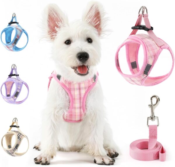 voopet Small Dog Harness and Leash Set Lightweight Cat Comfort Padded Soft Mesh Vest Step in dog harness No Pull No Choke Reflective Small Plaid Girl & Boy Puppy Kitty Harness, Pink M