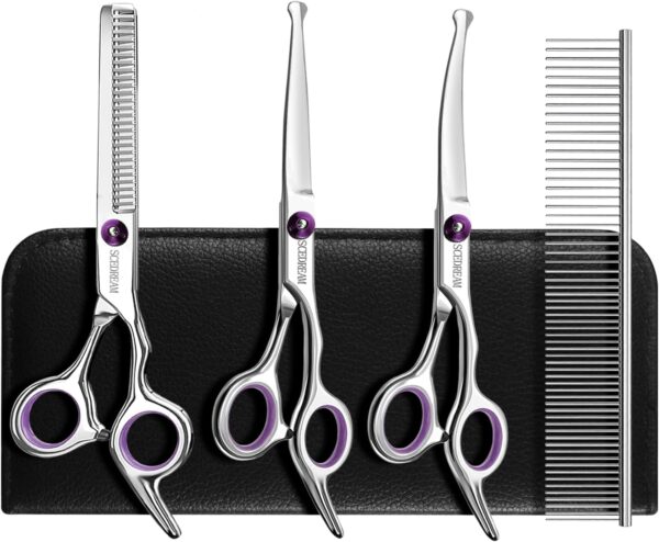 5 in 1 Dog Grooming Scissors Kit with Safety Round Tips Dog Scissors for Grooming 4CR Stainless Steel Grooming Scissors for Dogs and Cats, Professional Pet Grooming Shears, Purple