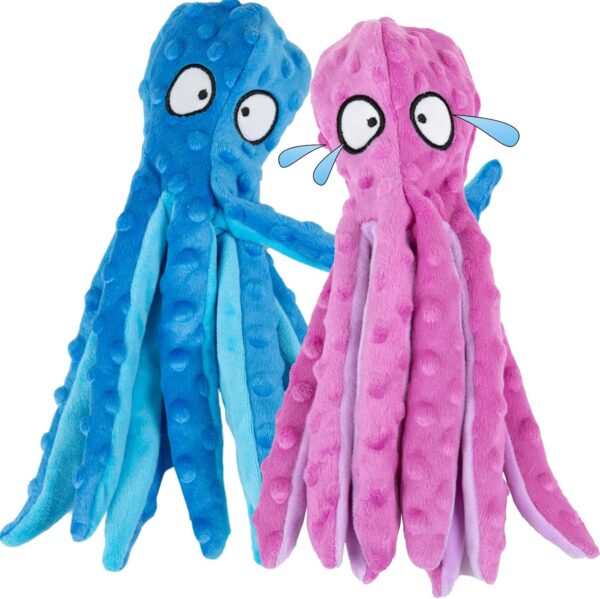 2 Pack Squeaky Dog Toys, Octopus Plush Dog Toys Stuffless Crinkle Pet Toys for Small, Medium, Large Dogs Teething, Durable Interactive Dog Chew (Blue + Purple Octopus)