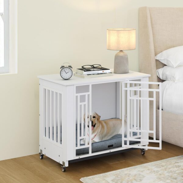 YITAHOME Dog Crate Furniture, 31.9" Heavy Duty Dog Cage, Wooden Side End Table with Wheels, Chew-Resistant Metal Dog Kennel with Removable Tray, Dog House Indoor for Small Medium Dogs, White - Image 7