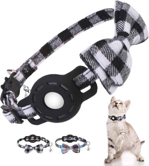 Airtag Cat Collar with Bells, Kitten Collar Breakaway for Girl Boy Cats, Safety Cat Collars with Bow Tie, Cat Collar Airtag Holder for Small Dogs Pets, 1 Pack Adjustable Plaid Design,Black