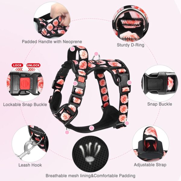 WINSEE 4 in 1 Dog Harness with Leash Set, Pet Harness No Pull for Large Dog with Collar and Safety Belt, Double Sided Reflective Strip, Adjustable Dog Car Harness with Soft Padded Handle ROSE - Image 2