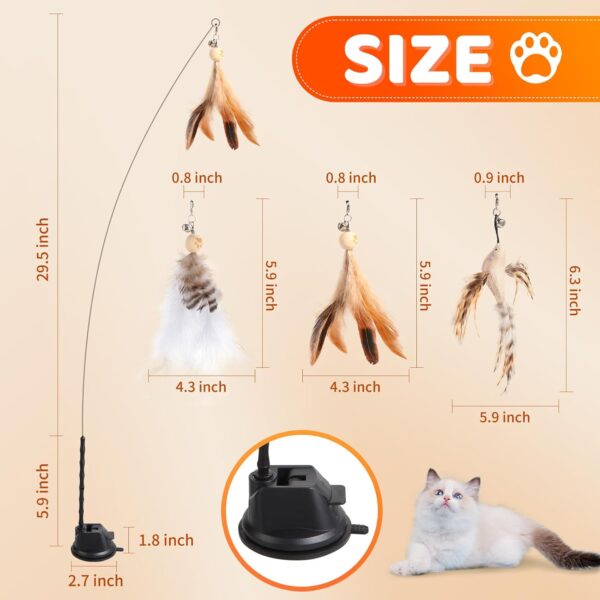 Cat Wand Toys, Auto Interactive Cat Toys with Suction Cup, 35” Flexible Steel Wire and 3 Nature Feather Refills with Bells, Cat Teaser Toy for Indoor Cats Kitten to Play Chase Exercise - Image 3