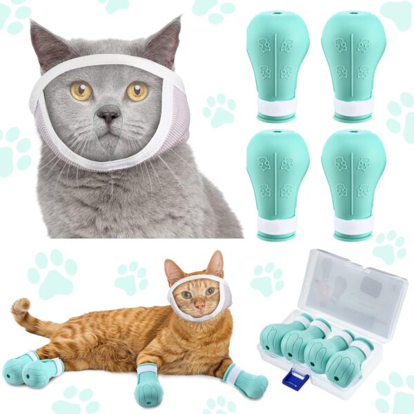 Hillban Cat Muzzle for Grooming with 4 Silicone Boots Breathable Transparent Cat Face Guard Silicone Cat Claw Covers Anti Scratch Cat Booties to Prevent Scratching Biting Bathing Trimming (Medium)