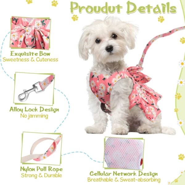 Sanwuta 4 Pack Dog Dress Harness Dog Dress Bowknot Harness Leash Set Floral Princess Dog Harness Dress Dog Dress Harness Vest with Leash Pet Doggy Outfits for Outdoor Walking, 4 Colors (Medium) - Image 5