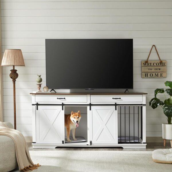 EDYO LIVING 72.5" Large Dog Crate Furniture for 2 Dogs, Wooden Dog Kennel with Drawers, Divider, Sliding Barn Door, Water Resistant Indoor Furniture Style Double Dog Crates, White - Image 3