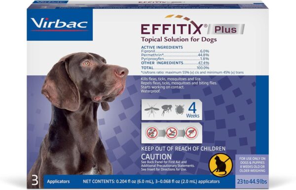 Effitix Plus Topical Solution for Dogs - Flea and Tick for Medium Dogs (23-44.9lbs), 3 Doses, Waterproof Topical Prevention (by Virbac)