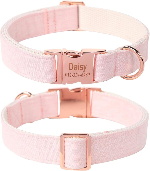 MR. CHUBBYFACE Personalized Nameplate Light Pink Dog Collar, Cotton Hemp Customized Dog Collar with Phone Number, Adjustable Medium Soft Dog Collar for Female Girl Boy Dog