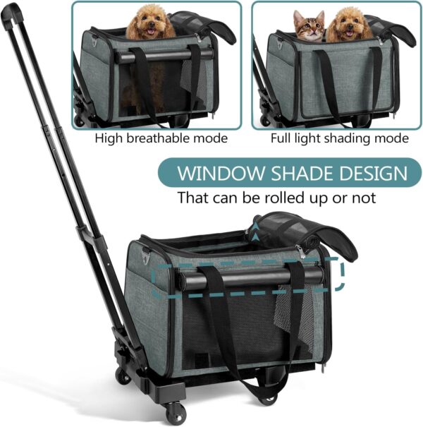 WOYYHO Lightproof Large Cat Carrier with Smooth Wheels Airline Approved Dog Carrier for Small Dog Rolling Pet Carrier with Two Large Pocket for Vet Visits Outdoor Travel (Grey Green) - Image 3