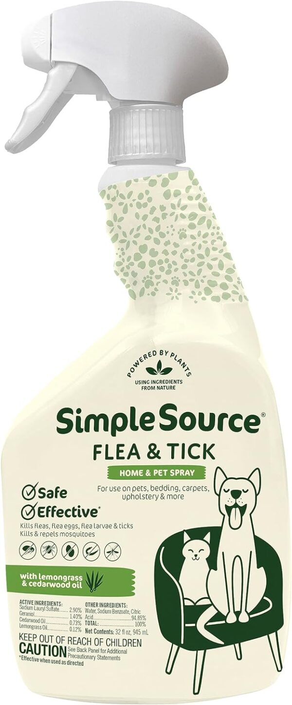 SimpleSource® Flea & Tick Home & Pet Spray, Powered by Plants, Kills Fleas, Flea Eggs, Flea Larvae, & Ticks, Kills & Repels Mosquitos, 32oz Bottle