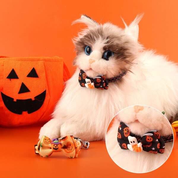 2pcs Halloween Cat Collar, Adjustable Cat Collar with Bow Printed Pumpkin Ghost Pattern Cat Collar Breakaway with Silver Bell Cute Collar for Kitten Puppy - Image 7